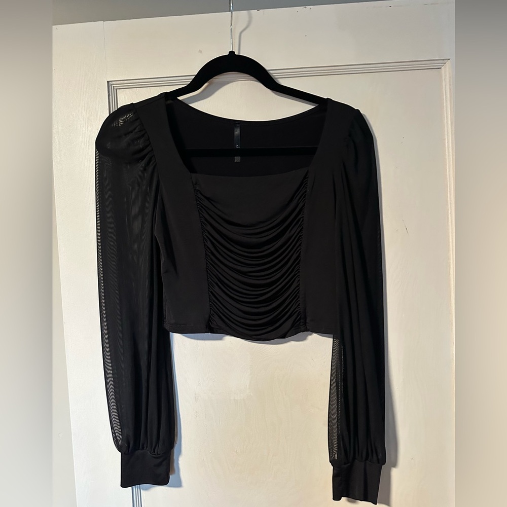 Black Ruched Mesh Sleeve Blouse